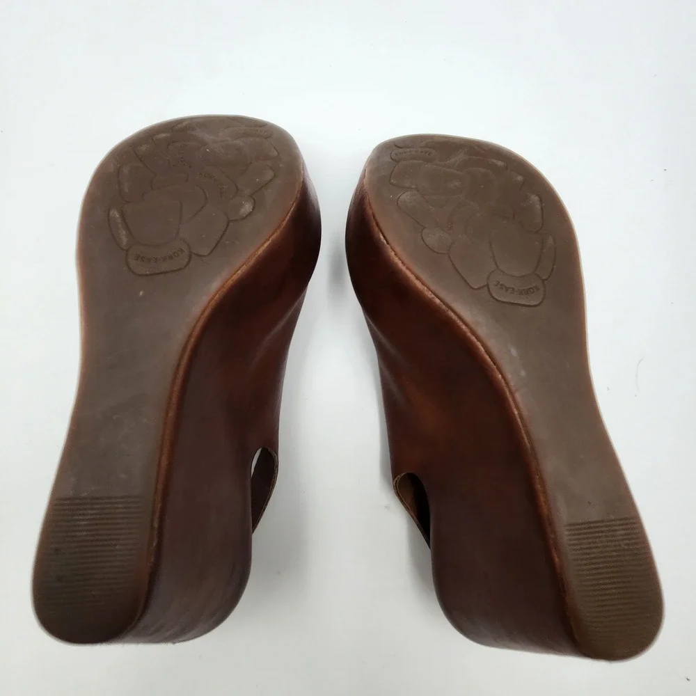 Kork-Ease Bette Tan Leather Platform Wedge Sandals Slingback Peep Toe Brown 9